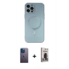 MARSİLYAN™- iPhone 12 Pro Max Kılıf Akış Minimal Özel Seri - Siyah Bilvis Hayalet Cam Ekran Koruyucu + Mavi Neon Fosforlu Kamera Lens