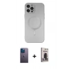MARSİLYAN™- iPhone 12 Pro Max Kılıf Akış Minimal Özel Seri - Siyah Bilvis Hayalet Cam Ekran Koruyucu + Mavi Neon Fosforlu Kamera Lens