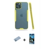MARSİLYAN™- iPhone 12 Pro Max Kılıf Atlas Asil Serisi - Siyah 34D Izgaralı Cam + Mavi Shine Kamera Lens Koruma Cam