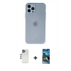 MARSİLYAN™- iPhone 12 Pro Max Kılıf Atlas Minimal Prime - Siyah 34D Izgaralı Cam + Lacivert Shine Kamera Lens