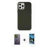 MARSİLYAN™- iPhone 12 Pro Max Kılıf Çekirdek Çizgi - Siyah 34D Izgaralı Cam + Yeşil Neon Fosforlu Kamera Lens