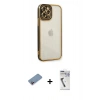 MARSİLYAN™- iPhone 12 Pro Max Kılıf Çekirdek Klasik Serisi - Şeffaf Uv Polymer Nano Ekran Koruyucu + Pembe Shine Kamera Lens Koruma Cam
