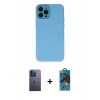 MARSİLYAN™- iPhone 12 Pro Max Kılıf Çekirdek Modern Serisi - Siyah 18D Cam Ekran Koruyucu + Mavi Neon Fosforlu Kamera Lens