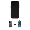 MARSİLYAN™- iPhone 12 Pro Max Kılıf Çekirdek Modern Serisi - Siyah 18D Cam Ekran Koruyucu + Mavi Neon Fosforlu Kamera Lens