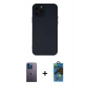 MARSİLYAN™- iPhone 12 Pro Max Kılıf Çekirdek Modern Serisi - Siyah 18D Cam Ekran Koruyucu + Mavi Neon Fosforlu Kamera Lens