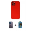 MARSİLYAN™- iPhone 12 Pro Max Kılıf Çekirdek Modern Serisi - Siyah 18D Cam Ekran Koruyucu + Mavi Neon Fosforlu Kamera Lens