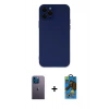 MARSİLYAN™- iPhone 12 Pro Max Kılıf Çekirdek Modern Serisi - Siyah 18D Cam Ekran Koruyucu + Mavi Neon Fosforlu Kamera Lens