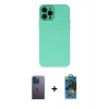 MARSİLYAN™- iPhone 12 Pro Max Kılıf Çekirdek Modern Serisi - Siyah 18D Cam Ekran Koruyucu + Mavi Neon Fosforlu Kamera Lens