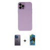 MARSİLYAN™- iPhone 12 Pro Max Kılıf Çekirdek Modern Serisi - Siyah 18D Cam Ekran Koruyucu + Mavi Neon Fosforlu Kamera Lens
