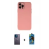 MARSİLYAN™- iPhone 12 Pro Max Kılıf Çekirdek Modern Serisi - Siyah 18D Cam Ekran Koruyucu + Mavi Neon Fosforlu Kamera Lens