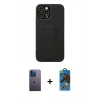 MARSİLYAN™- iPhone 12 Pro Max Kılıf Çekirdek Yansıma - Siyah 18D Cam Ekran Koruyucu + Neon Fosforlu Kamera Lens - MI
