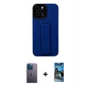 MARSİLYAN™- iPhone 12 Pro Max Kılıf Çekirdek Yansıma - Siyah 34D Izgaralı Cam + Mavi Neon Fosforlu Kamera Lens