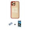MARSİLYAN™- iPhone 12 Pro Max Kılıf Doruk Doku Prime - Siyah 34D Izgaralı Cam + Mavi Shine Kamera Lens Koruma Cam