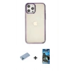 MARSİLYAN™- iPhone 12 Pro Max Kılıf Doruk Doku Prime - Siyah 34D Izgaralı Cam + Mavi Shine Kamera Lens Koruma Cam