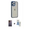 MARSİLYAN™- iPhone 12 Pro Max Kılıf Eksen Doku Prime - Şeffaf Royal Nano Ekran Koruyucu + Neon Fosforlu Kamera Lens - SI