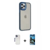 MARSİLYAN™- iPhone 12 Pro Max Kılıf Eksen Doku Prime - Siyah 34D Izgaralı Cam + Lacivert Shine Kamera Lens