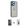 MARSİLYAN™- iPhone 12 Pro Max Kılıf Eksen Doku Prime - Siyah 6D Mat Seramik Hayalet Nano Ekran Koruyucu + Mavi Neon Fosforlu Kamera Lens