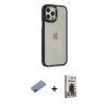 MARSİLYAN™- iPhone 12 Pro Max Kılıf Eksen Doku Prime - Siyah Bilvis Hayalet Cam Ekran Koruyucu + Shine Kamera Lens Koruma Cam - PE