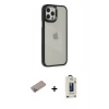 MARSİLYAN™- iPhone 12 Pro Max Kılıf Eksen Doku Prime - Siyah Bilvis Hayalet Cam Ekran Koruyucu + Sierra Blue Shine Kamera Lens Koruma Cam