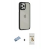 MARSİLYAN™- iPhone 12 Pro Max Kılıf Eksen Doku Prime - Siyah Mat Seramik Nano Ekran Koruyucu + Mavi Shine Kamera Lens Koruma Cam
