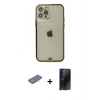 MARSİLYAN™- iPhone 12 Pro Max Kılıf Eksen Minimal Koleksiyonu - Siyah 3D Antistatik Hayalet Cam Ekran Koruyucu + Pembe Renkli Kamera Lens Koruma Cam