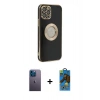 MARSİLYAN™- iPhone 12 Pro Max Kılıf İz Form Serisi - Siyah 18D Cam Ekran Koruyucu + Mavi Neon Fosforlu Kamera Lens