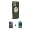 MARSİLYAN™- iPhone 12 Pro Max Kılıf İz Form Serisi - Siyah 18D Cam Ekran Koruyucu + Mavi Neon Fosforlu Kamera Lens