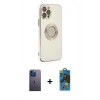 MARSİLYAN™- iPhone 12 Pro Max Kılıf İz Form Serisi - Siyah 18D Cam Ekran Koruyucu + Mavi Neon Fosforlu Kamera Lens