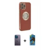 MARSİLYAN™- iPhone 12 Pro Max Kılıf İz Form Serisi - Siyah 18D Cam Ekran Koruyucu + Mavi Neon Fosforlu Kamera Lens