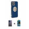 MARSİLYAN™- iPhone 12 Pro Max Kılıf İz Form Serisi - Siyah 18D Cam Ekran Koruyucu + Mavi Neon Fosforlu Kamera Lens