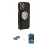 MARSİLYAN™- iPhone 12 Pro Max Kılıf İz Form Serisi - Siyah 18D Cam Ekran Koruyucu + Pembe Renkli Kamera Lens Koruma Cam