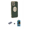 MARSİLYAN™- iPhone 12 Pro Max Kılıf İz Form Serisi - Siyah 18D Cam Ekran Koruyucu + Pembe Renkli Kamera Lens Koruma Cam