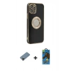 MARSİLYAN™- iPhone 12 Pro Max Kılıf İz Form Serisi - Siyah 18D Cam Ekran Koruyucu + Siyah Shine Kamera Lens Koruma Cam