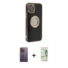 MARSİLYAN™- iPhone 12 Pro Max Kılıf İz Form Serisi - Siyah 20D Premium Cam Ekran Koruyucu + Neon Fosforlu Kamera Lens - SI