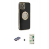 MARSİLYAN™- iPhone 12 Pro Max Kılıf İz Form Serisi - Siyah 20D Premium Cam Ekran Koruyucu + Turuncu Renkli Kamera Lens Koruma Cam