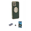 MARSİLYAN™- iPhone 12 Pro Max Kılıf İz Form Serisi - Siyah 34D Izgaralı Cam + Renkli Kamera Lens Koruma Cam - TU