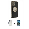 MARSİLYAN™- iPhone 12 Pro Max Kılıf İz Form Serisi - Siyah 34D Izgaralı Cam + Shine Kamera Lens - LT