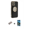 MARSİLYAN™- iPhone 12 Pro Max Kılıf İz Form Serisi - Siyah 34D Izgaralı Cam + Sierra Blue Shine Kamera Lens Koruma Cam