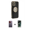 MARSİLYAN™- iPhone 12 Pro Max Kılıf İz Form Serisi - Siyah 360 Mat Full Body Arka Koruyucu + Turuncu Neon Fosforlu Kamera Lens