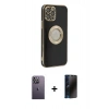 MARSİLYAN™- iPhone 12 Pro Max Kılıf İz Form Serisi - Siyah 3D Antistatik Hayalet Cam Ekran Koruyucu + Neon Fosforlu Kamera Lens - BZ