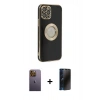 MARSİLYAN™- iPhone 12 Pro Max Kılıf İz Form Serisi - Siyah 3D Antistatik Hayalet Cam Ekran Koruyucu + Neon Fosforlu Kamera Lens - SI