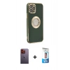MARSİLYAN™- iPhone 12 Pro Max Kılıf İz Form Serisi - Siyah 5D Eko Cam Ekran Koruyucu + Neon Fosforlu Kamera Lens - TU