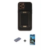 MARSİLYAN™- iPhone 12 Pro Max Kılıf Kozmos Minimal Prime - Siyah 34D Izgaralı Cam + Pembe Renkli Kamera Lens Koruma Cam
