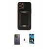 MARSİLYAN™- iPhone 12 Pro Max Kılıf Kozmos Minimal Prime - Siyah 34D Izgaralı Cam + Neon Fosforlu Kamera Lens - YL