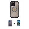 MARSİLYAN™- iPhone 12 Pro Max Kılıf Kutup Modern - Siyah 34D Izgaralı Cam + Neon Fosforlu Kamera Lens - MI