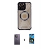 MARSİLYAN™- iPhone 12 Pro Max Kılıf Kutup Modern - Siyah 34D Izgaralı Cam + Neon Fosforlu Kamera Lens - BZ