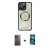 MARSİLYAN™- iPhone 12 Pro Max Kılıf Kutup Modern - Siyah 34D Izgaralı Cam + Neon Fosforlu Kamera Lens - SI