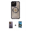 MARSİLYAN™- iPhone 12 Pro Max Kılıf Kutup Modern - Siyah 34D Izgaralı Cam + Neon Fosforlu Kamera Lens - SI