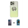 MARSİLYAN™- iPhone 12 Pro Max Kılıf Kutup Yansıma Özel Seri - Siyah 18D Cam Ekran Koruyucu + Mavi Neon Fosforlu Kamera Lens