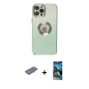 MARSİLYAN™- iPhone 12 Pro Max Kılıf Kutup Yansıma Özel Seri - Siyah 34D Izgaralı Cam + Pembe Renkli Kamera Lens Koruma Cam